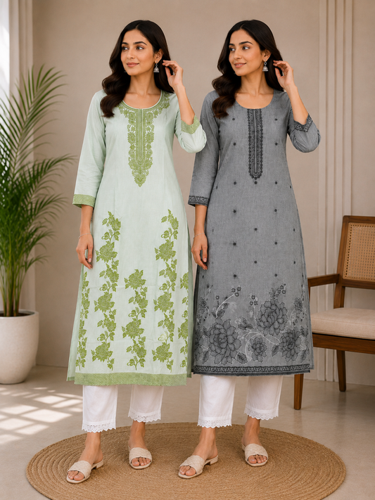 Women’s Printed Straight Kurta with White Pants – Light Green & Grey Ethnic Wear Collection