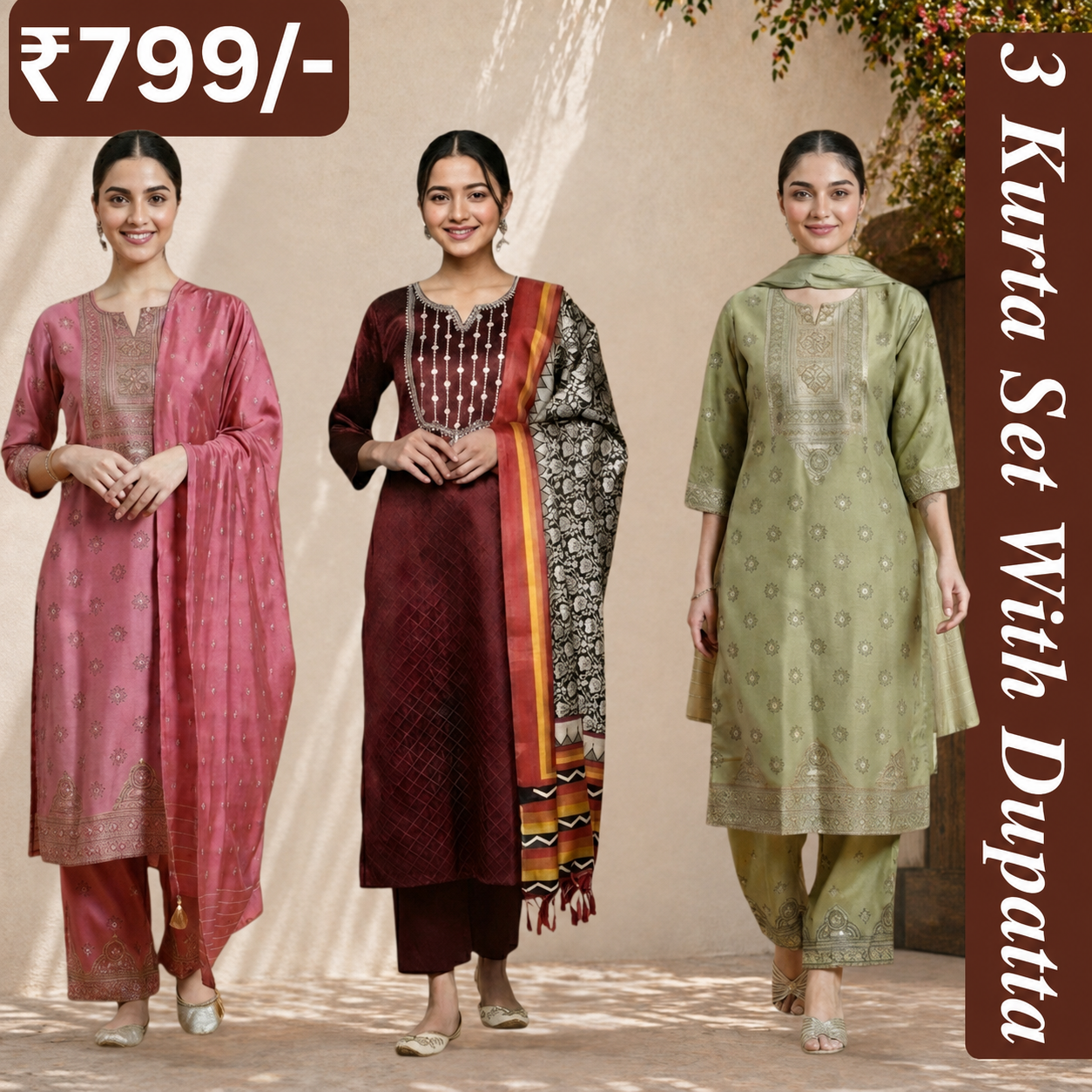 Women's Pack of 3 Pure Cotton Kurtis with Pant & Dupatta |C-015
