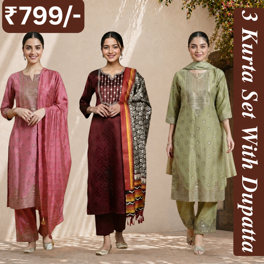 Women's Pack of 3 Pure Cotton Kurtis with Pant & Dupatta |C-015