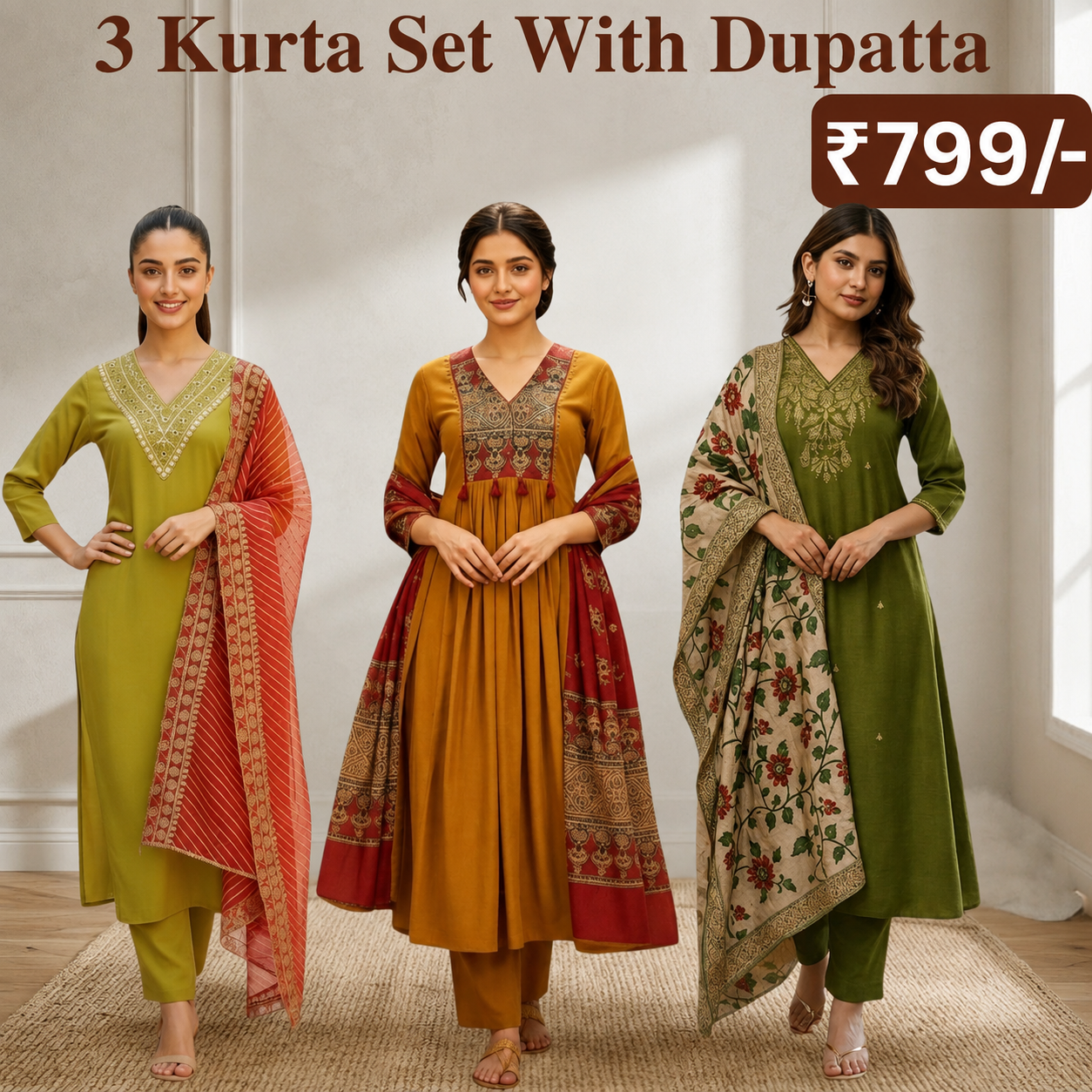 Women's Pack of 3 Pure Cotton Kurtis with Pant & Dupatta |C-017