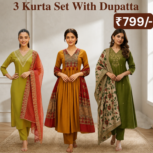 Women's Pack of 3 Pure Cotton Kurtis with Pant & Dupatta |C-017