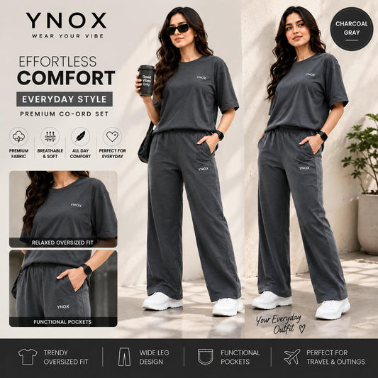 YNox Women's Charcoal Grey Oversized Co-Ord Set | Relaxed Fit T-Shirt & Wide Leg Pants | Premium Everyday Wear