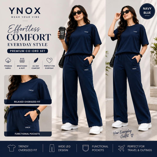 YNox Women's Navy Blue Oversized Co-Ord Set | Relaxed Fit T-Shirt &amp; Wide Leg Pants | Premium Casual Wear