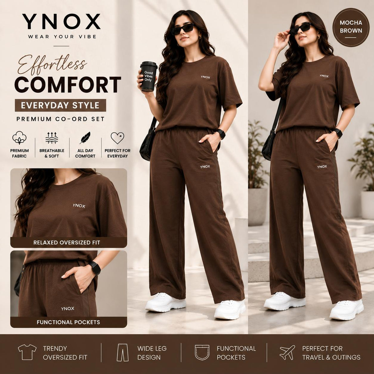 YNox Women's Mocha Brown Oversized Co-Ord Set | Relaxed Fit T-Shirt & Wide Leg Pants | Premium Casual Wear