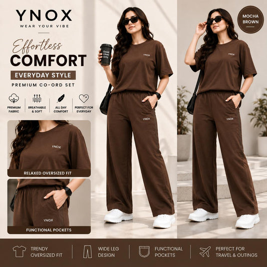 YNox Women's Mocha Brown Oversized Co-Ord Set | Relaxed Fit T-Shirt & Wide Leg Pants | Premium Casual Wear