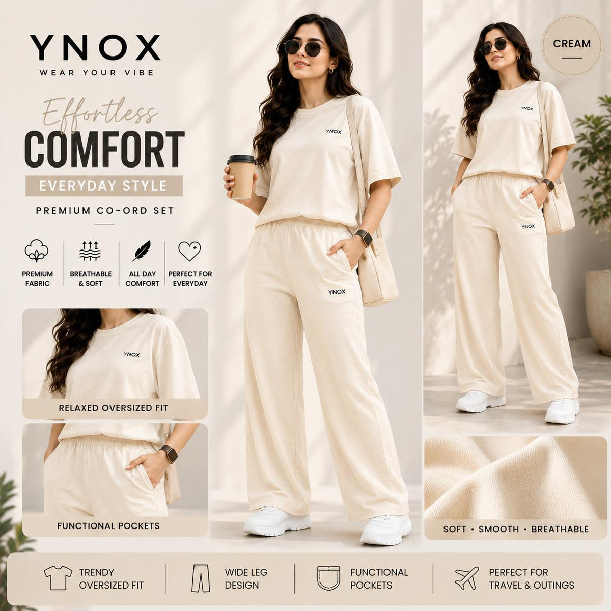 YNox Women's Cream Oversized Co-Ord Set | Relaxed Fit T-Shirt &amp; Wide Leg Pants | Premium Casual Wear