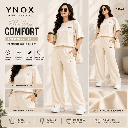 YNox Women's Cream Oversized Co-Ord Set | Relaxed Fit T-Shirt &amp; Wide Leg Pants | Premium Casual Wear