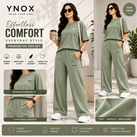YNox Women's Sage Green Oversized Co-Ord Set | Relaxed Fit T-Shirt &amp; Wide Leg Pants | Premium Casual Wear