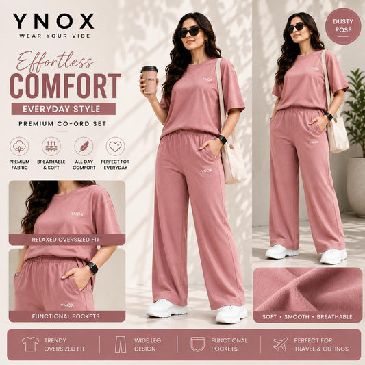 YNox Women's Dusty Rose Oversized Co-Ord Set | Relaxed Fit T-Shirt &amp; Wide Leg Pants | Premium Casual Wear
