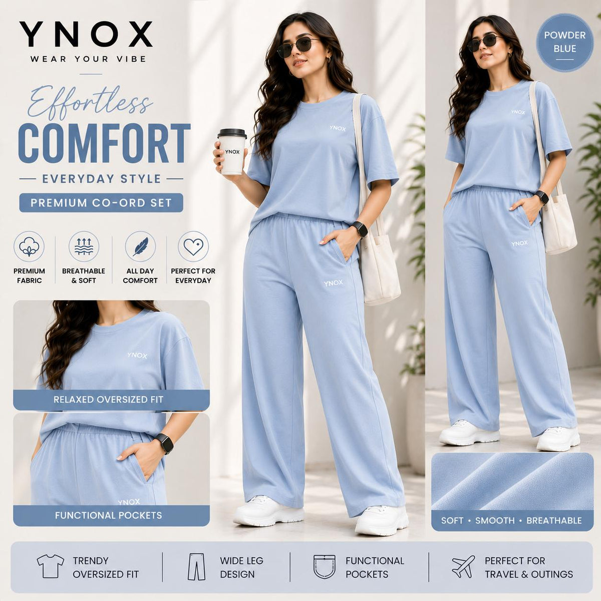 YNox Women's Powder Blue Oversized Co-Ord Set | Relaxed Fit T-Shirt &amp; Wide Leg Pants | Premium Casual Wear