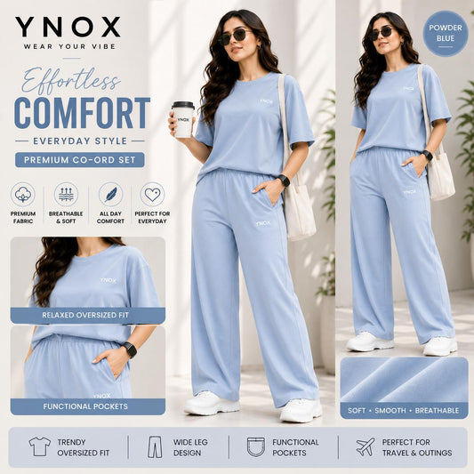 YNox Women's Powder Blue Oversized Co-Ord Set | Relaxed Fit T-Shirt &amp; Wide Leg Pants | Premium Casual Wear