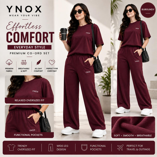 YNox Women's Burgundy Oversized Co-Ord Set | Relaxed Fit T-Shirt &amp; Wide Leg Pants | Premium Casual Wear