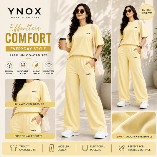 YNox Women's Butter Yellow Oversized Co-Ord Set | Relaxed Fit T-Shirt &amp; Wide Leg Pants | Premium Casual Wear