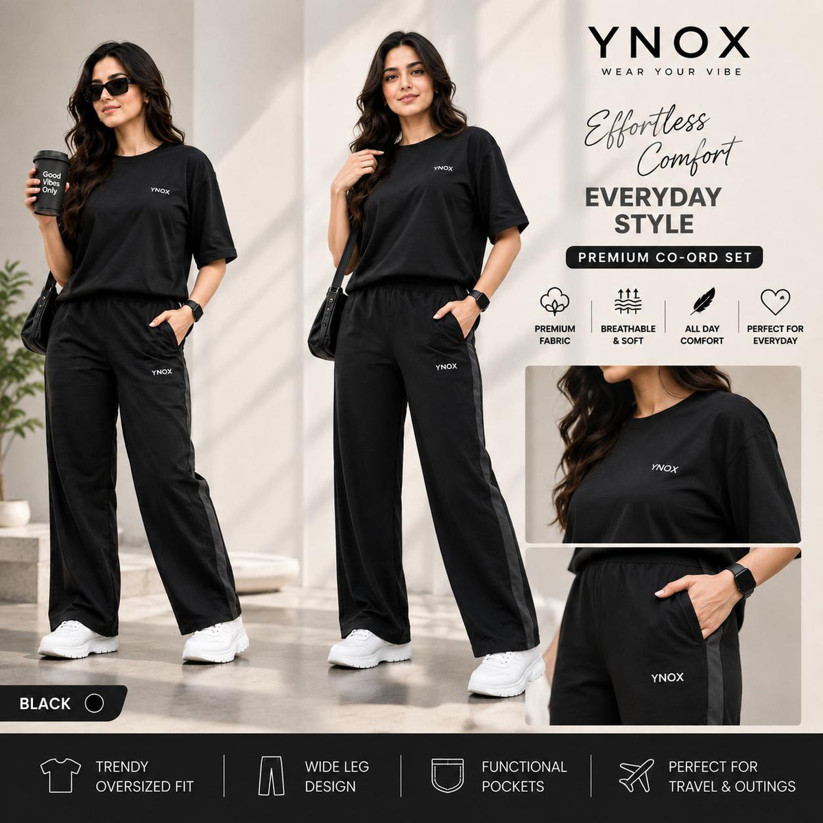 YNox Women's Black Oversized Co-Ord Set | Relaxed Fit T-Shirt & Wide Leg Pants | Premium Casual Wear