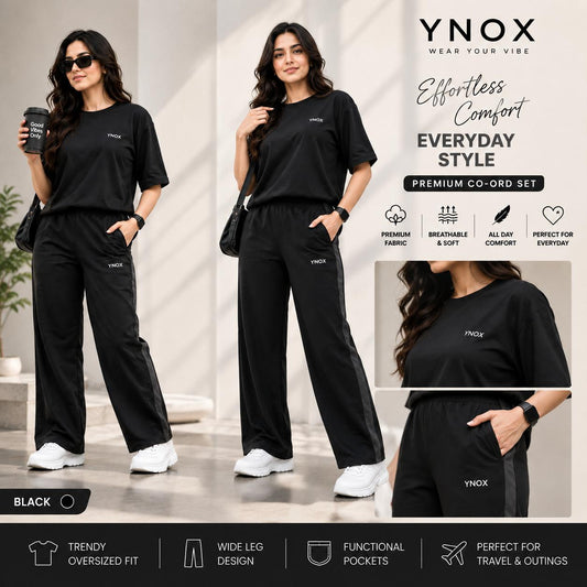 YNox Women's Black Oversized Co-Ord Set | Relaxed Fit T-Shirt & Wide Leg Pants | Premium Casual Wear